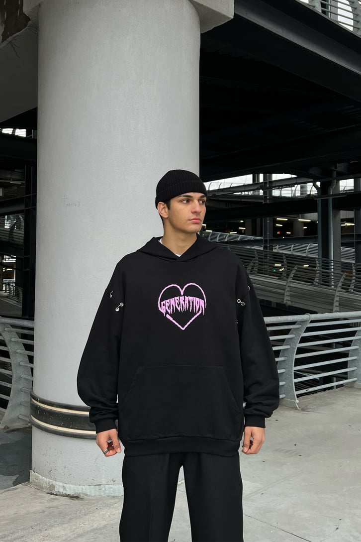 Generation Heart Baskılı Siyah Oversize Hoodie