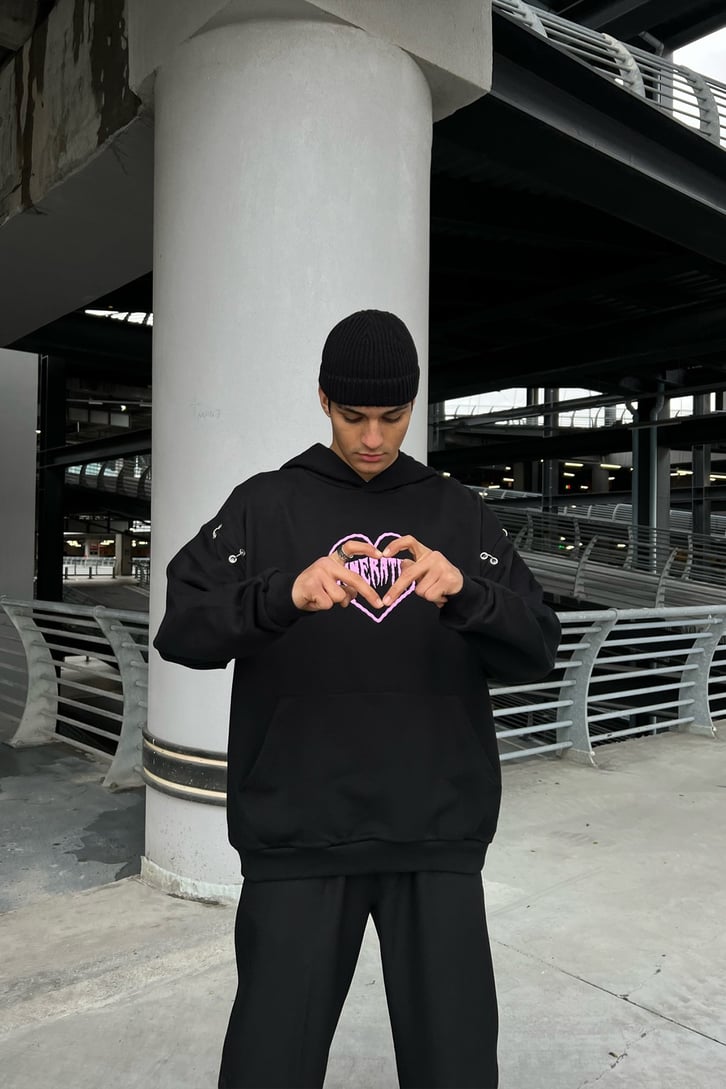 Generation Heart Baskılı Siyah Oversize Hoodie