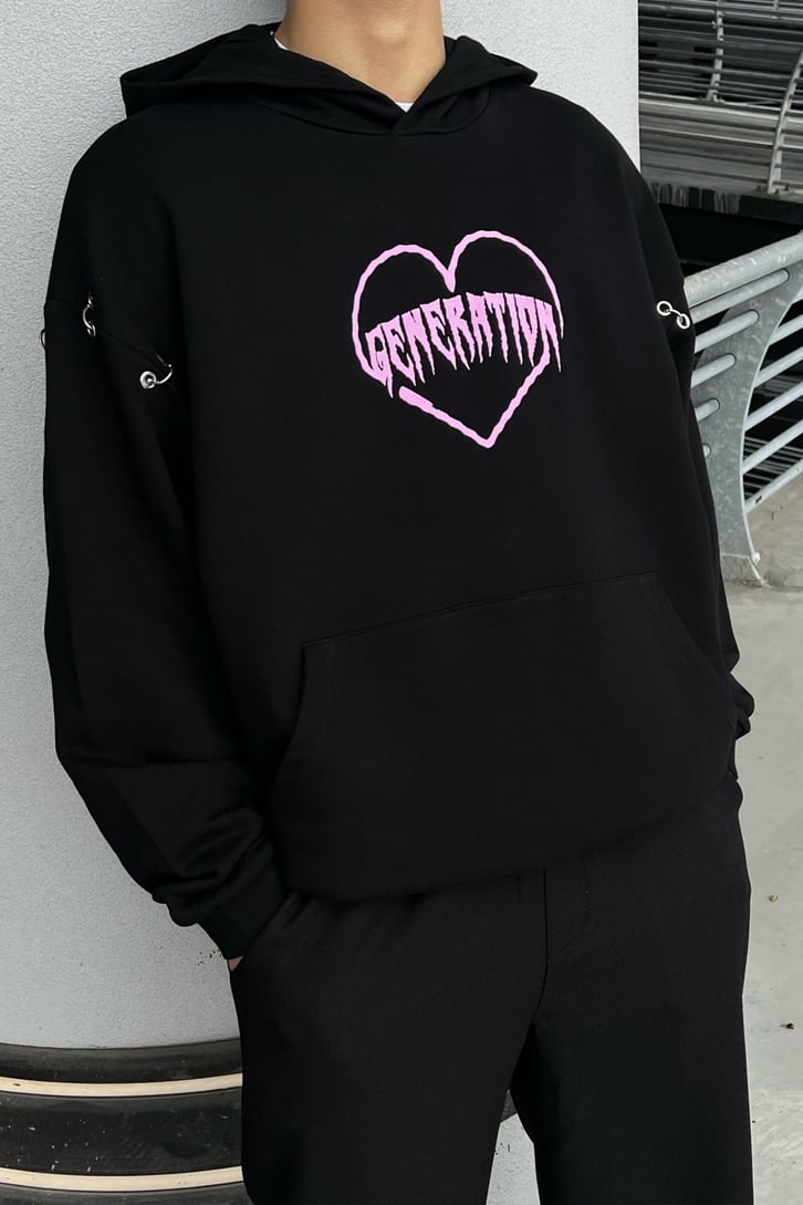 Generation Heart Baskılı Siyah Oversize Hoodie