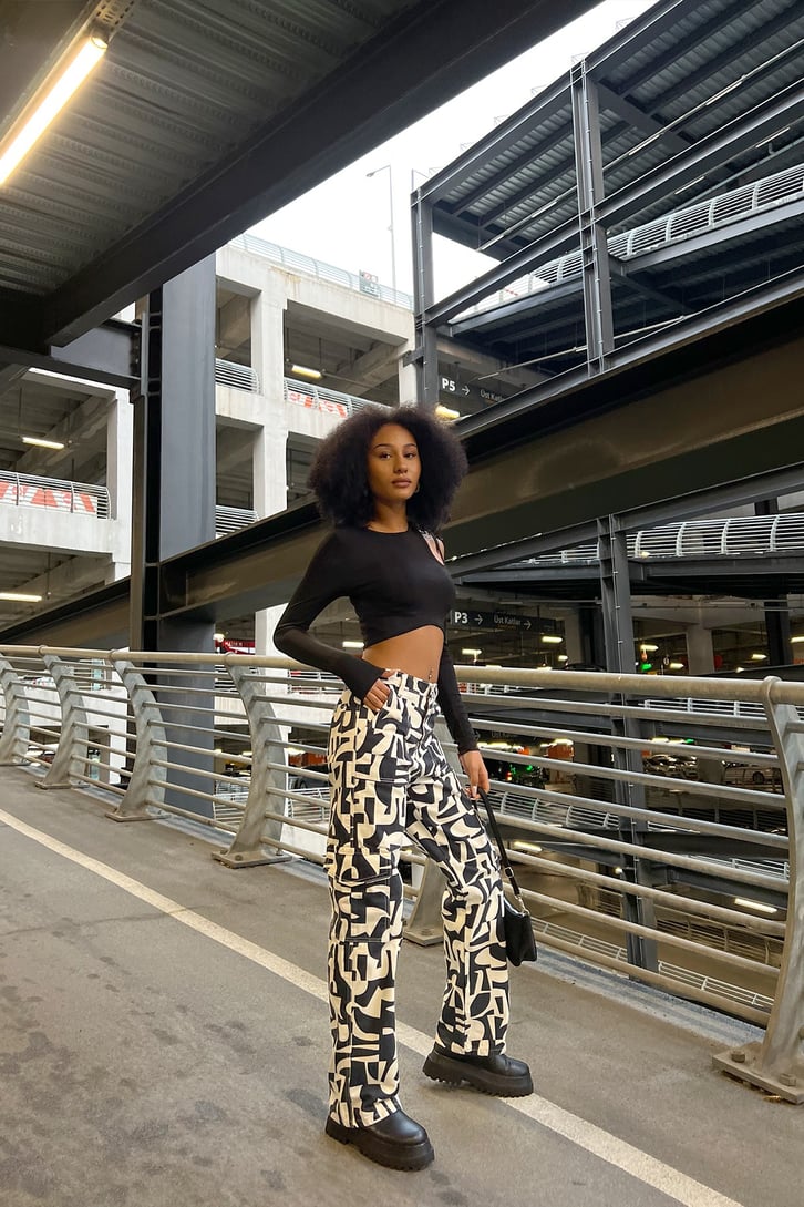 Geometrik Desen Siyah Baggy Jean