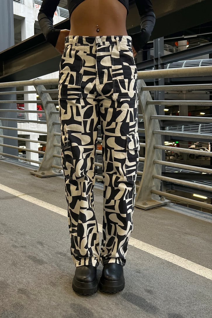 Geometrik Desen Siyah Baggy Jean
