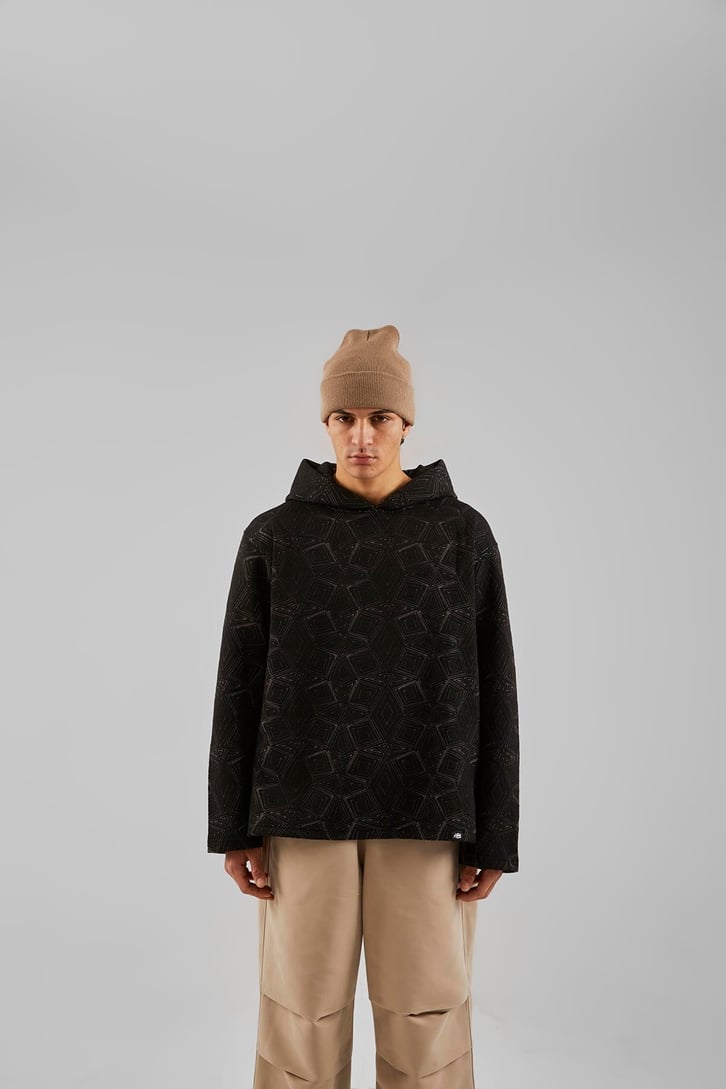 Geometrik Desenli Siyah Oversize Hoodie