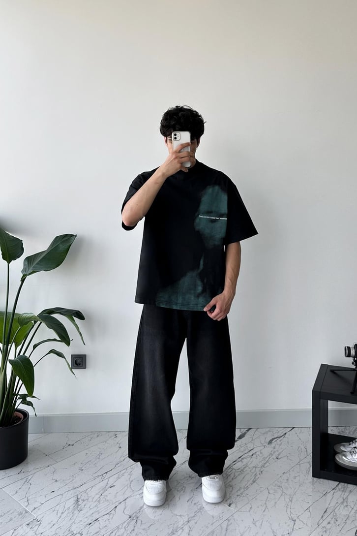 Ghost Baskılı Siyah Oversize Tişört