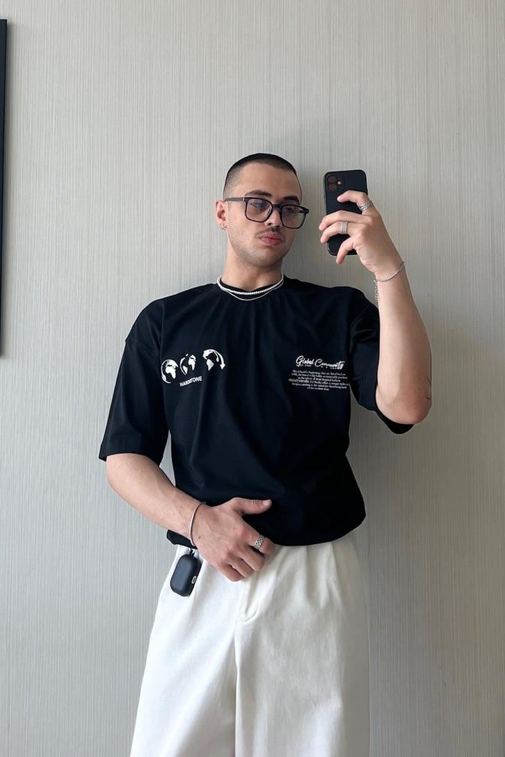Global Community Baskılı Oversize Tişört