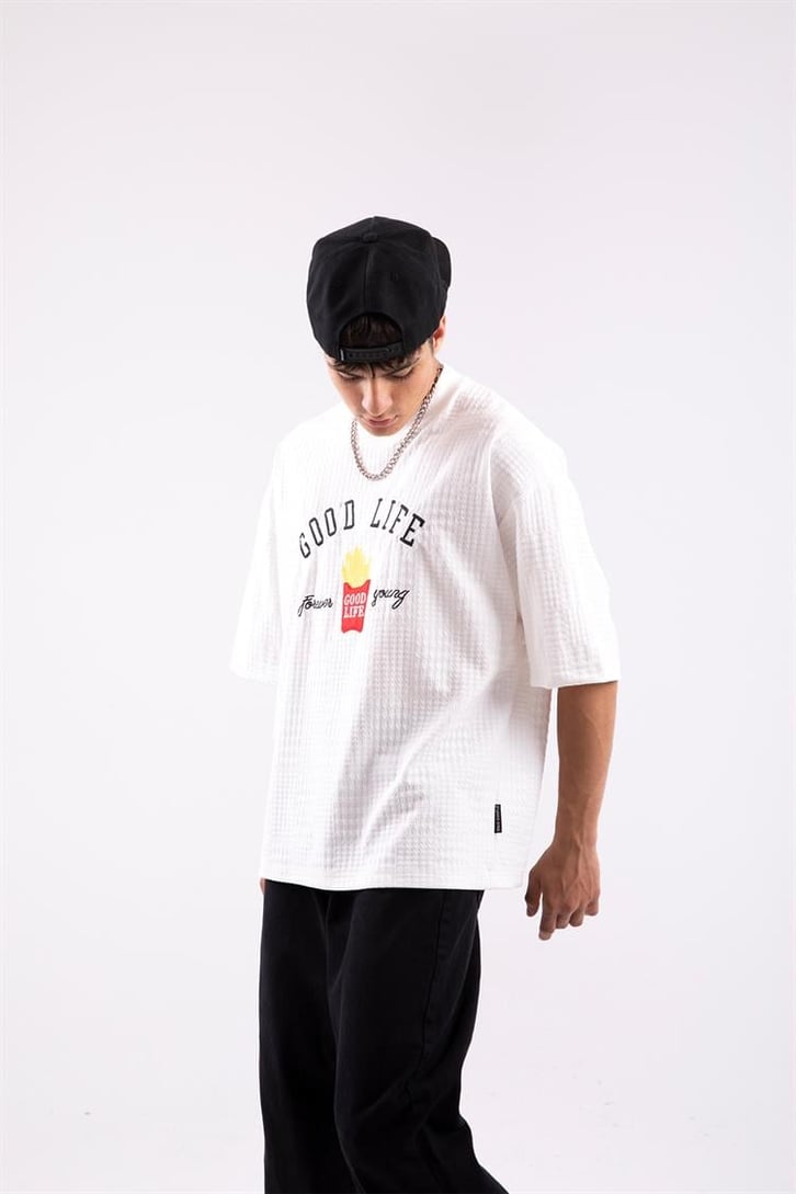 Good Life Nakışlı Ekru Oversize Tshirt