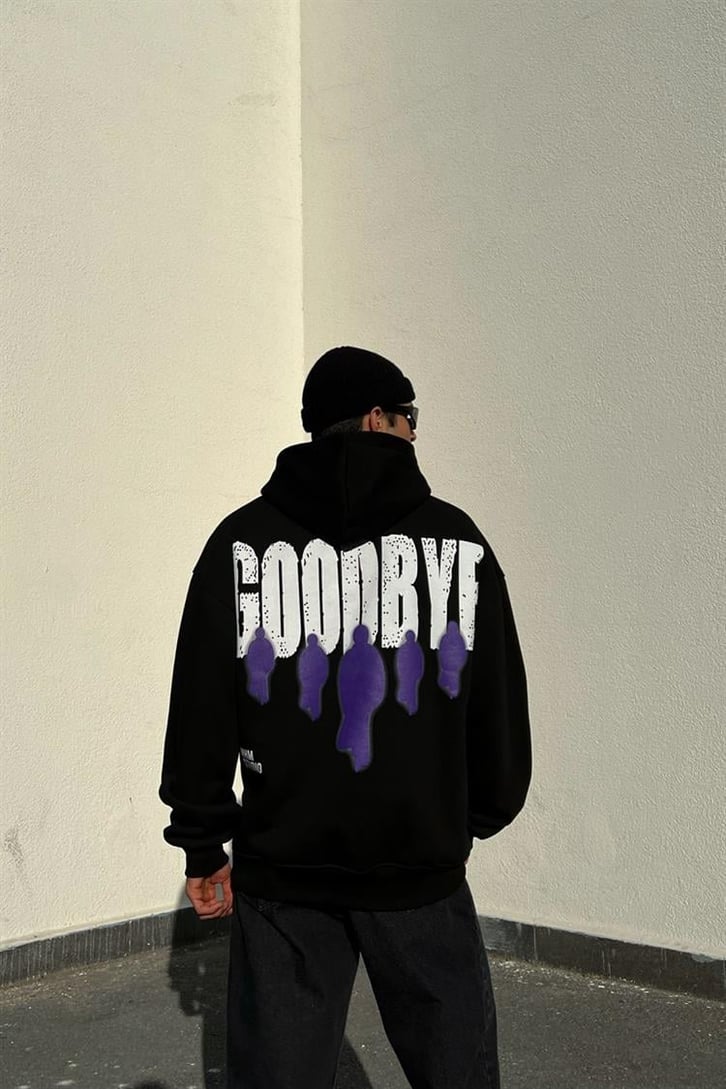 Goodbye Sırt Baskılı Siyah Oversize Hoodie