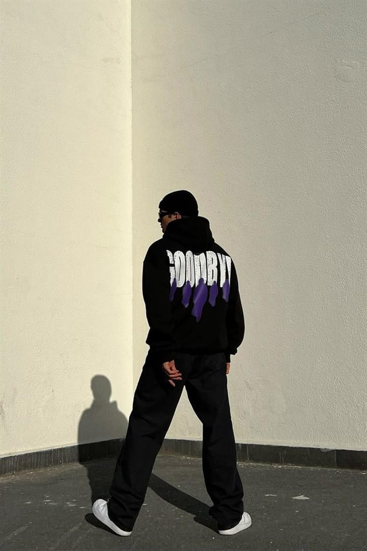 Goodbye Sırt Baskılı Siyah Oversize Hoodie