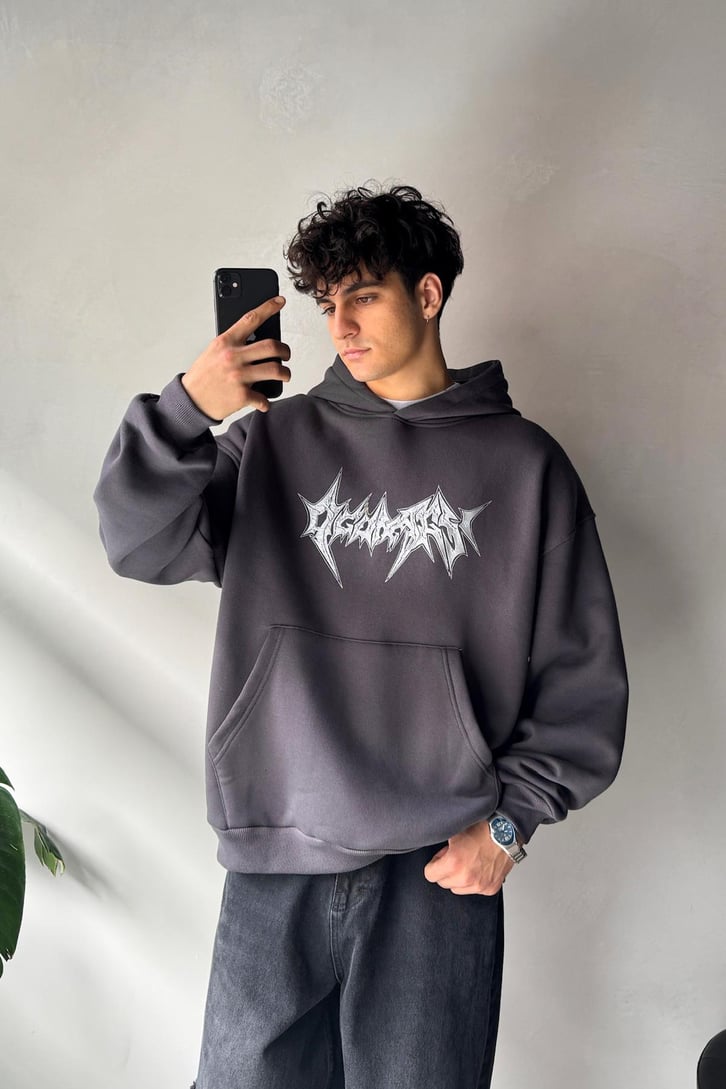 Gothic Baskılı Oversize Hoodie