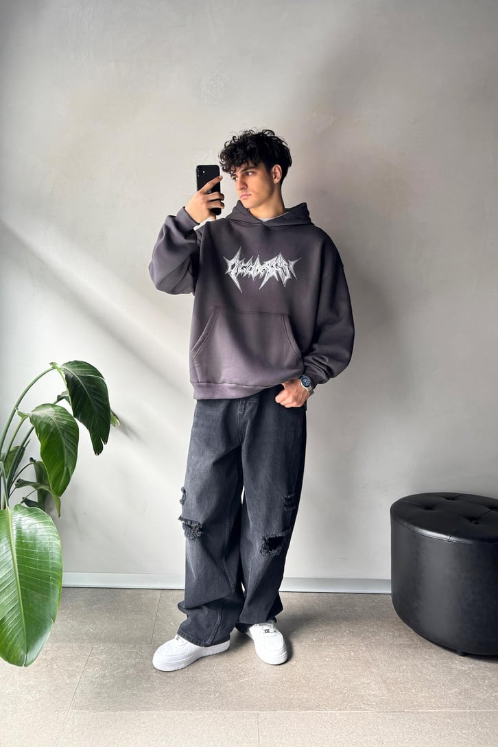 Gothic Baskılı Oversize Hoodie
