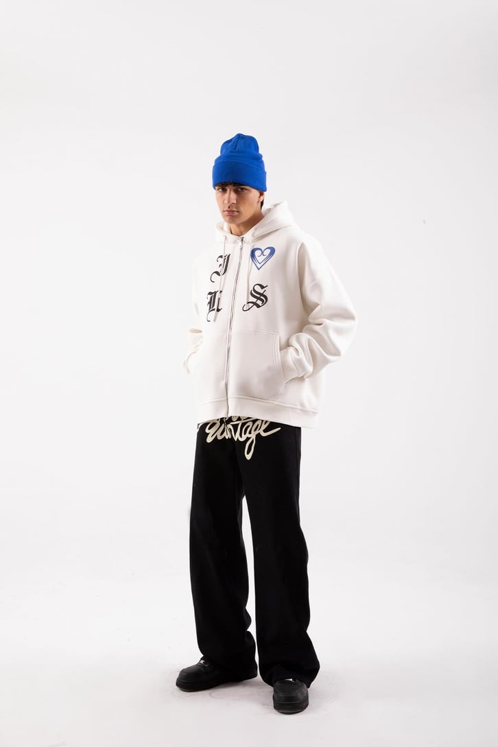 Gothic Letter Beyaz Oversize Zip Hoodie