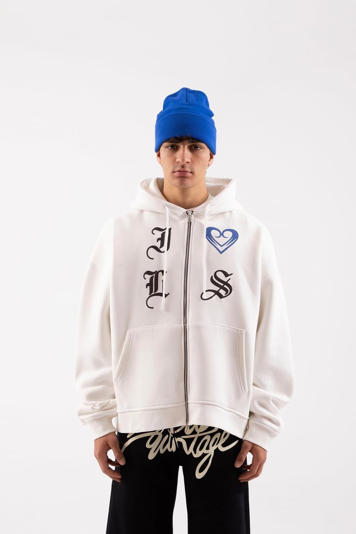 Gothic Letter Beyaz Oversize Zip Hoodie