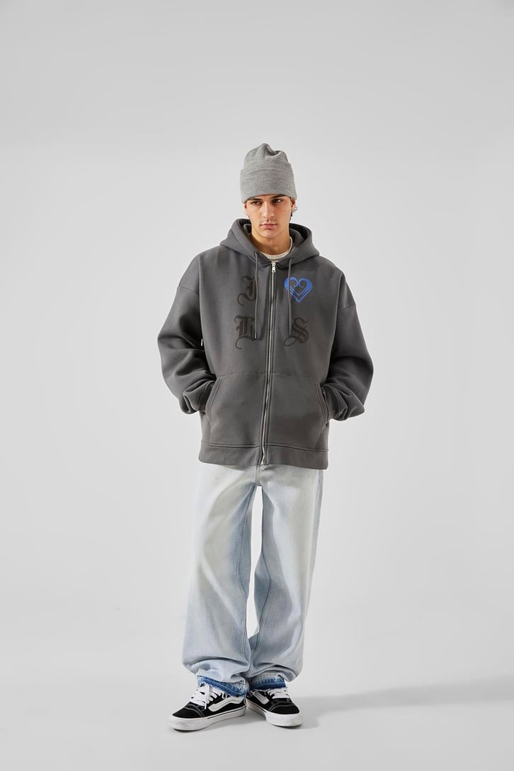 Gothic Letter Füme Oversize Zip Hoodie
