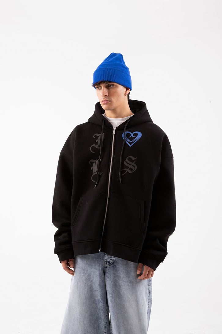 Gothic Letter Siyah Oversize Zip Hoodie