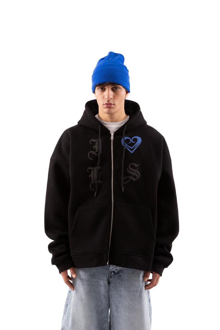 Gothic Letter Siyah Oversize Zip Hoodie