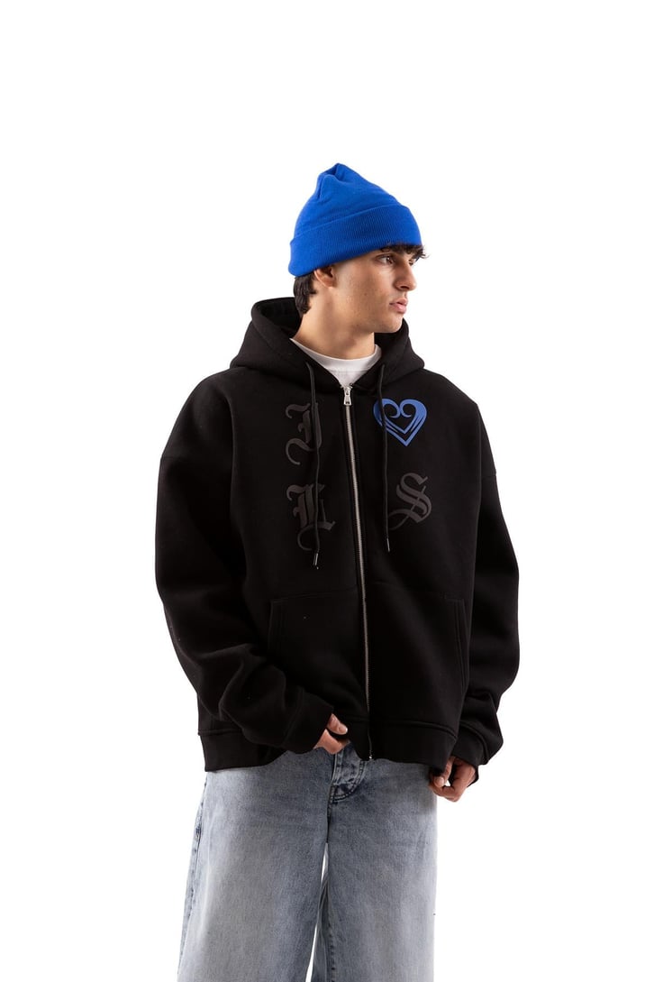 Gothic Letter Siyah Oversize Zip Hoodie