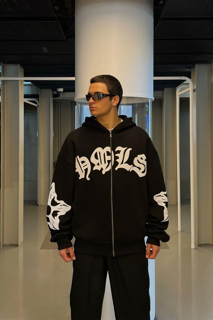 Gothic Text Baskılı Siyah Zipper Hoodie