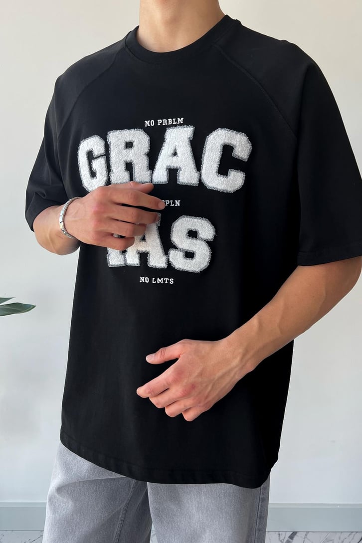 Grac Nakışlı Siyah Oversize Tişört