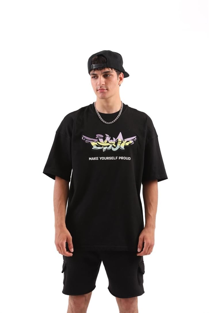 Graffiti Nakışlı Siyah Oversize Tişört