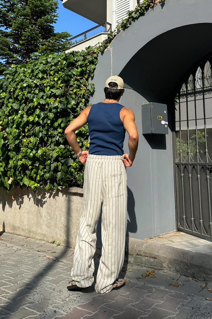 Halat Kemerli Çift Çizgili Keten Pantolon