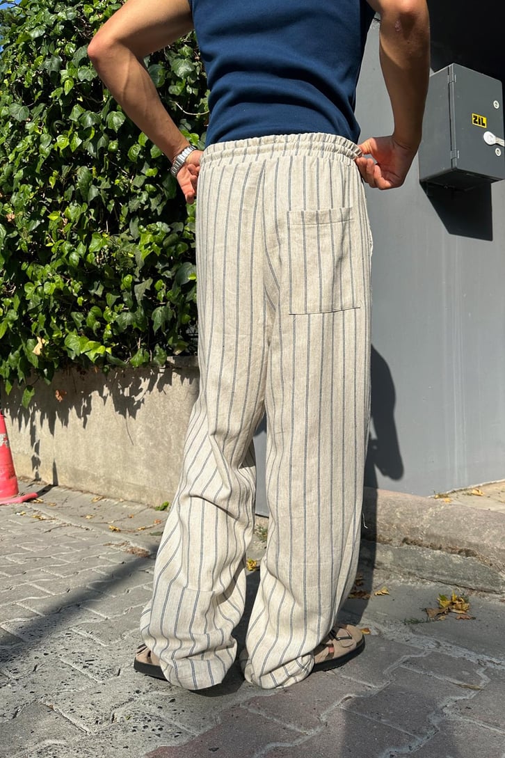 Halat Kemerli Çift Çizgili Keten Pantolon