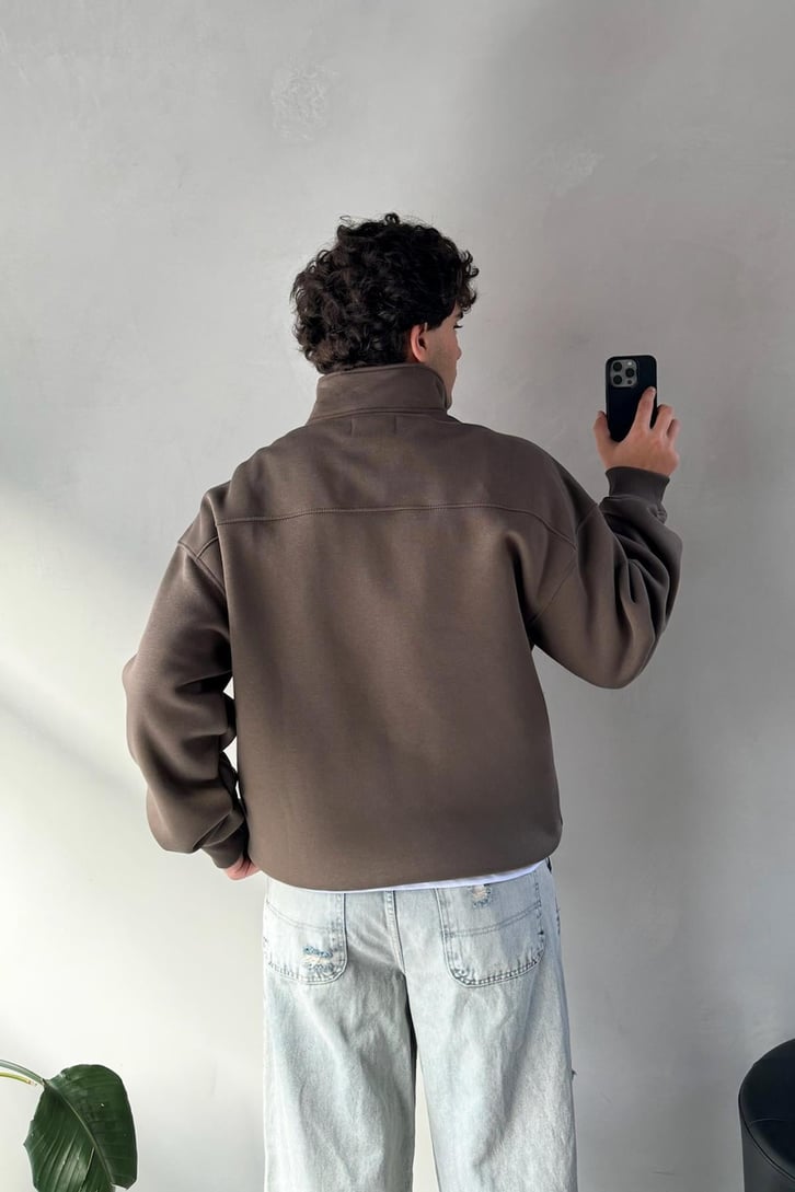 Half Zip Basic Açık Kahverengi Oversize Sweatshirt