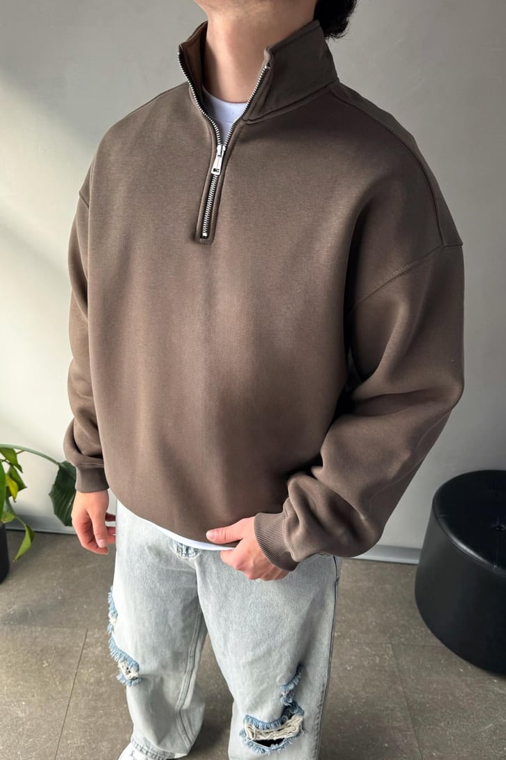 Half Zip Basic Açık Kahverengi Oversize Sweatshirt