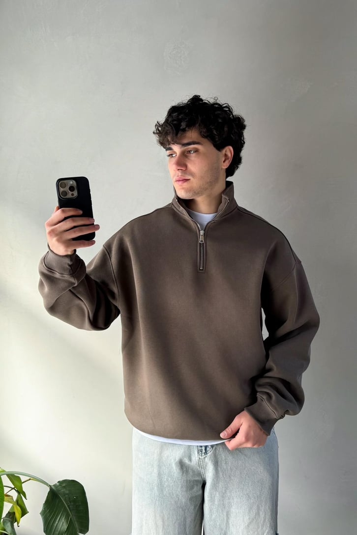 Half Zip Basic Açık Kahverengi Oversize Sweatshirt