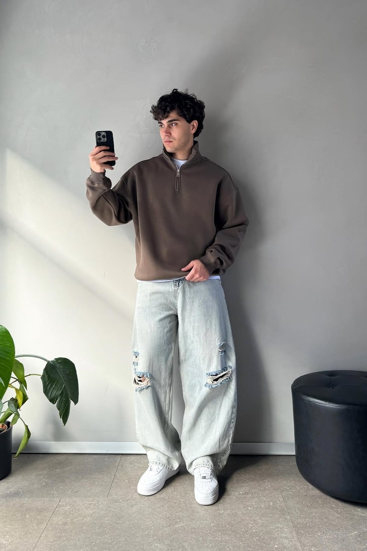 Half Zip Basic Açık Kahverengi Oversize Sweatshirt