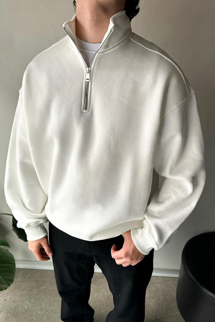 Half Zip Basic Ekru Oversize Sweatshirt