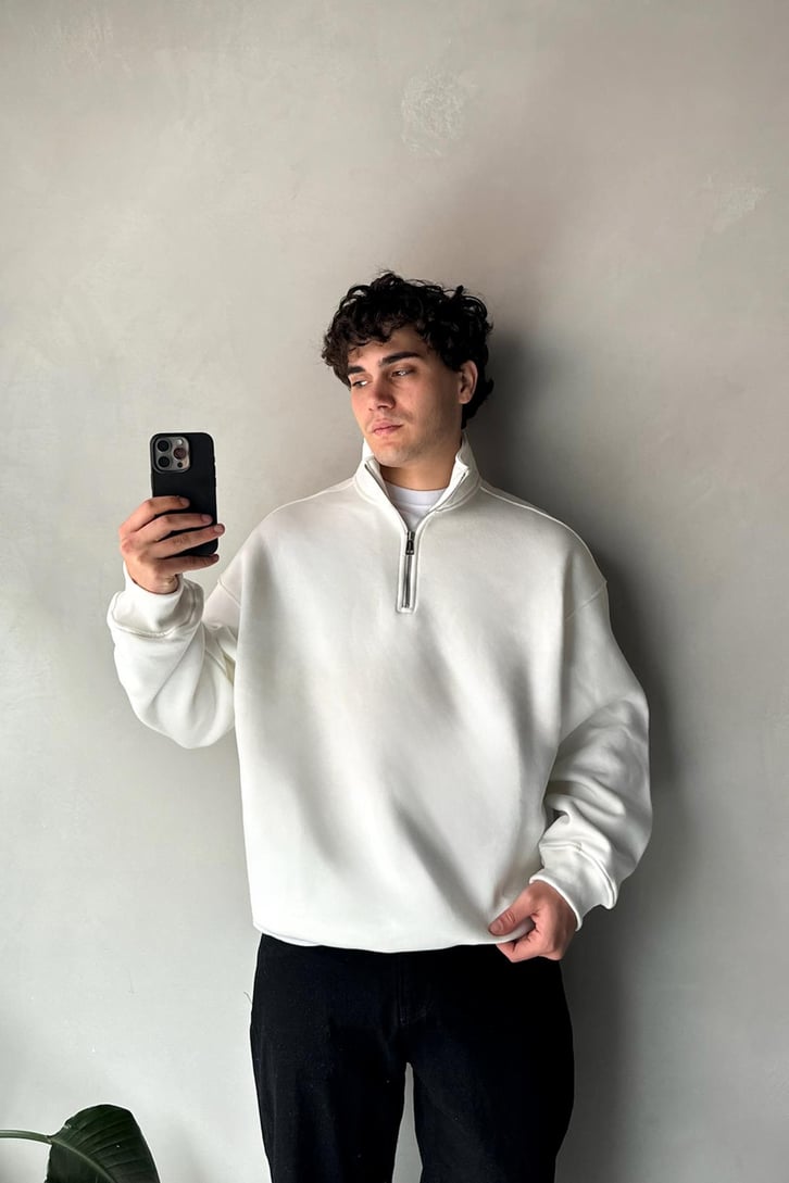 Half Zip Basic Ekru Oversize Sweatshirt