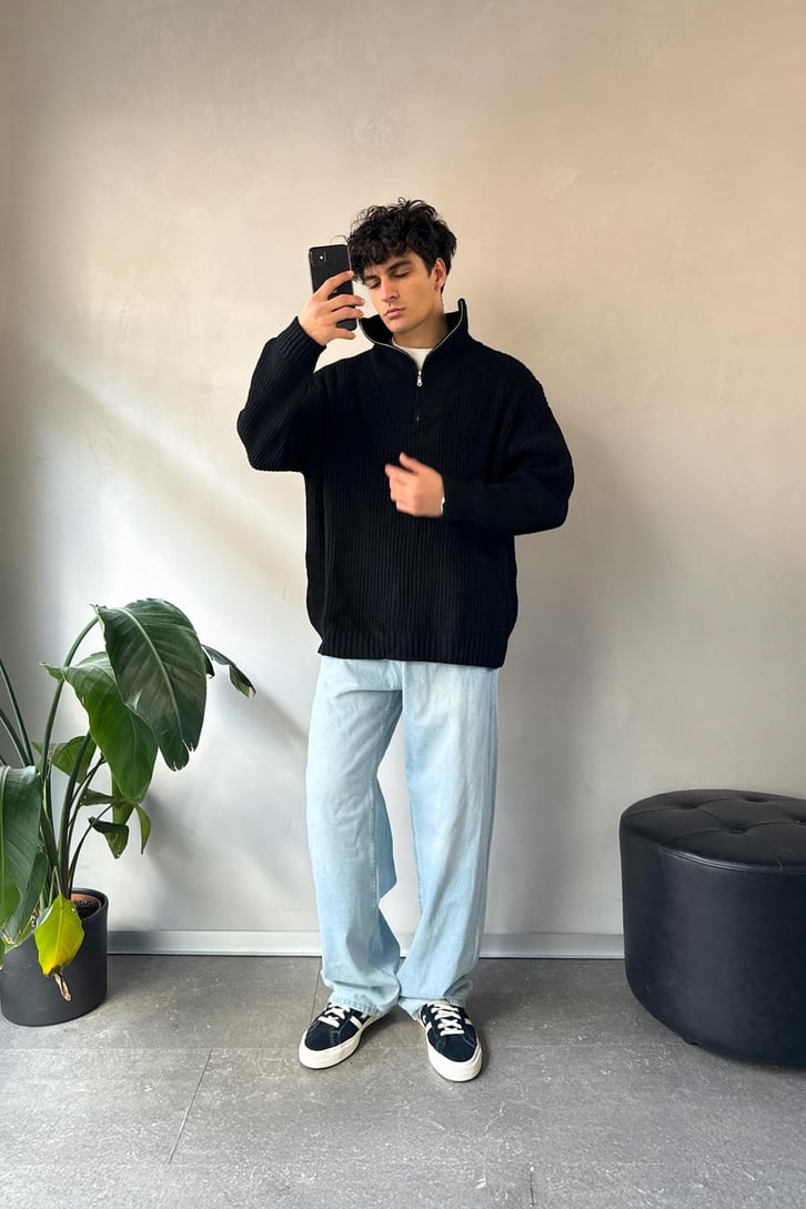 Half Zip Basic Oversize Siyah Triko Kazak