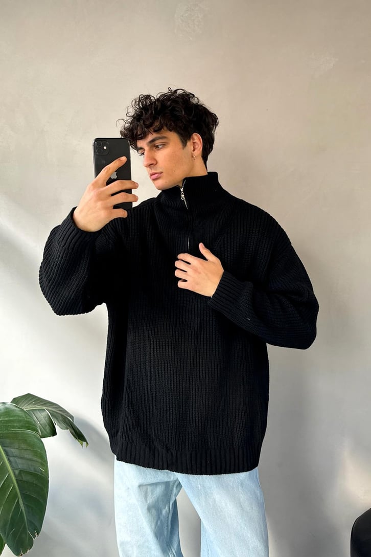Half Zip Basic Oversize Siyah Triko Kazak