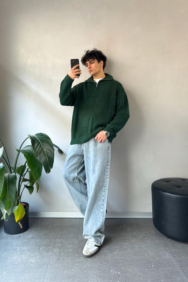 Half Zip Basic Oversize Triko Kazak