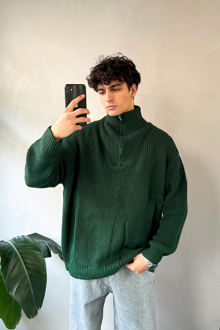 Half Zip Basic Oversize Yeşil Triko Kazak
