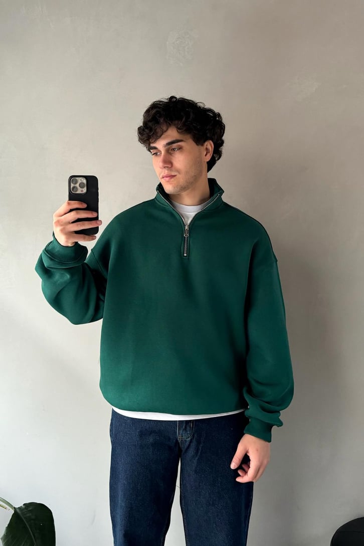 Half Zip Basic Yeşil Oversize Sweatshirt