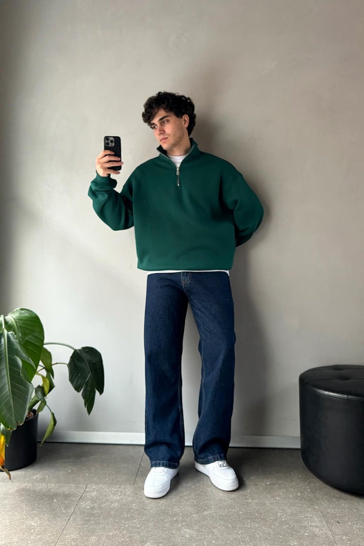 Half Zip Basic Yeşil Oversize Sweatshirt