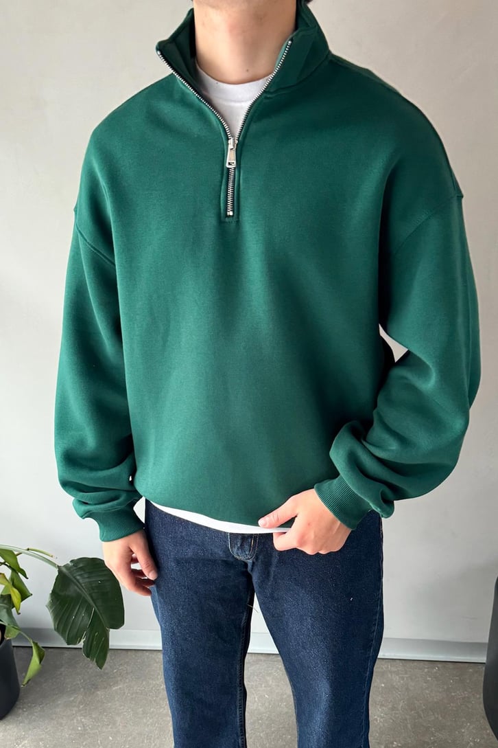 Half Zip Basic Yeşil Oversize Sweatshirt