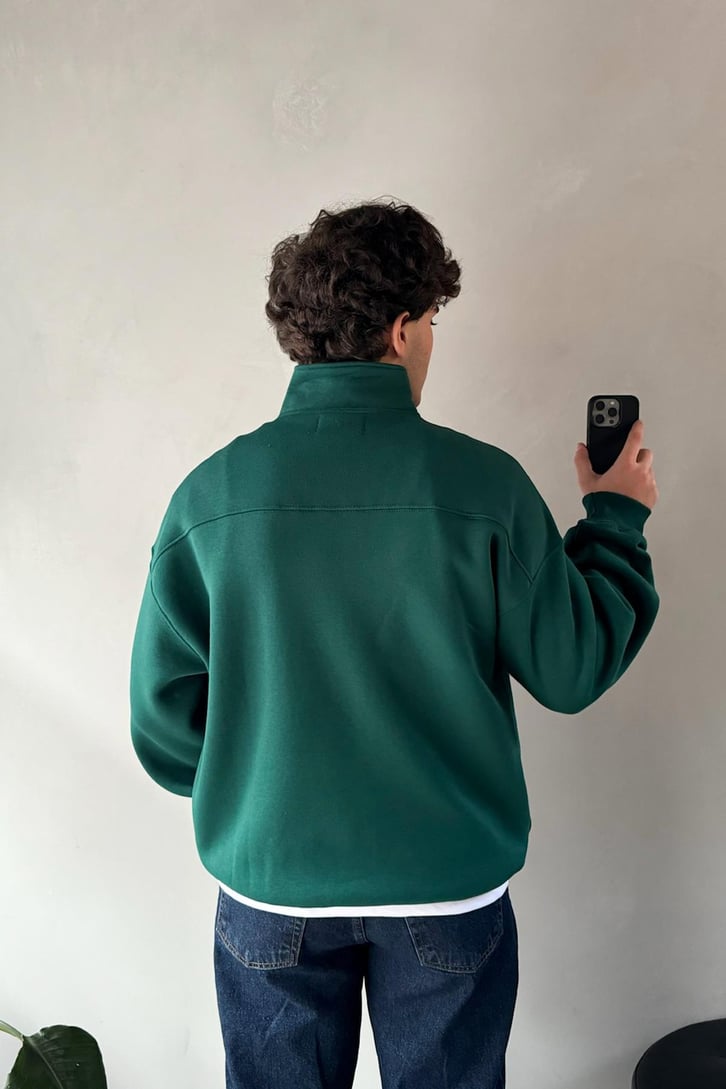 Half Zip Basic Yeşil Oversize Sweatshirt
