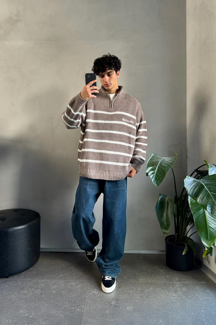 Half Zip Club Aesthetic Nakışlı Kazak