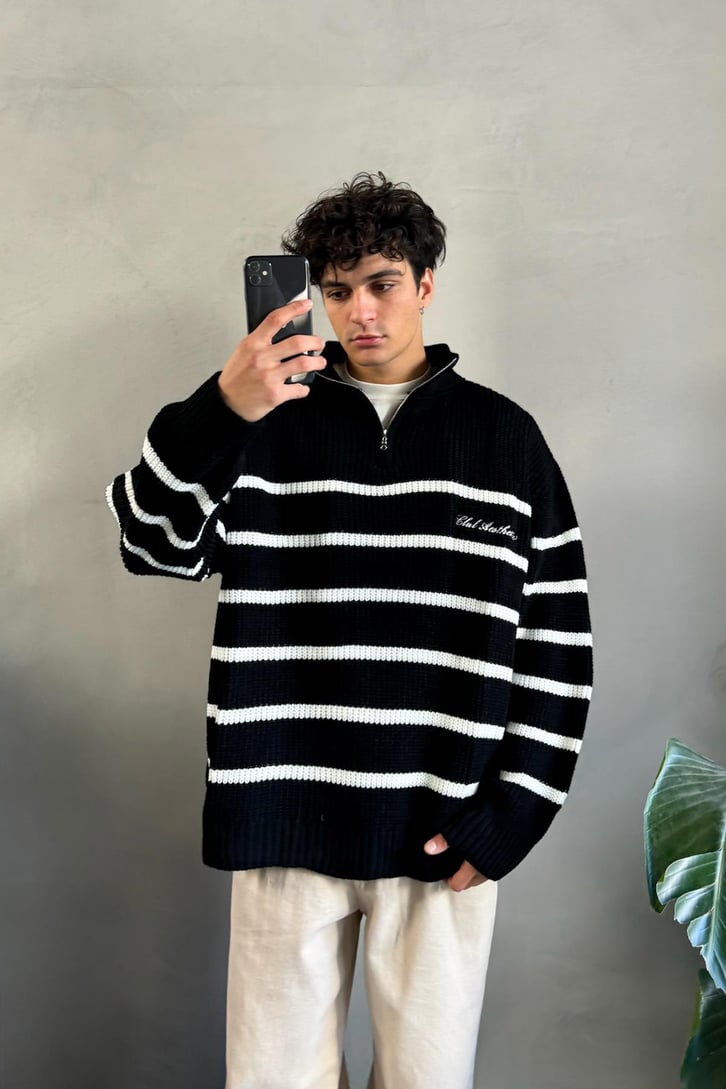 Half Zip Club Aesthetic Nakışlı Kazak