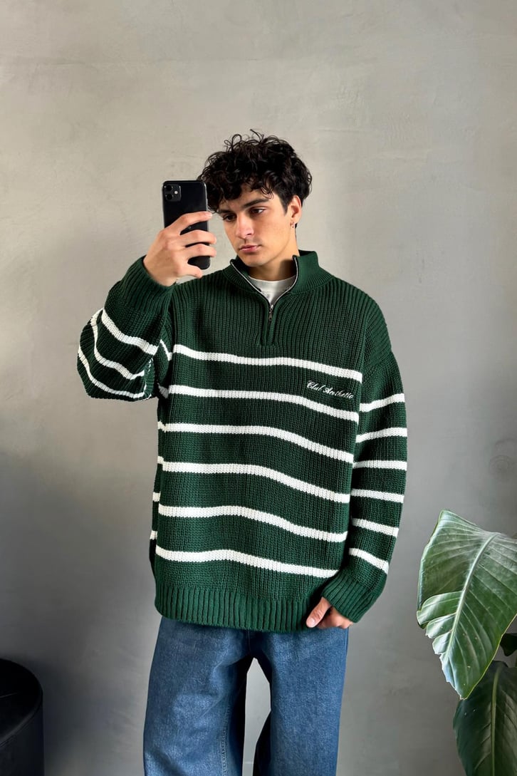 Half Zip Club Aesthetic Nakışlı Kazak
