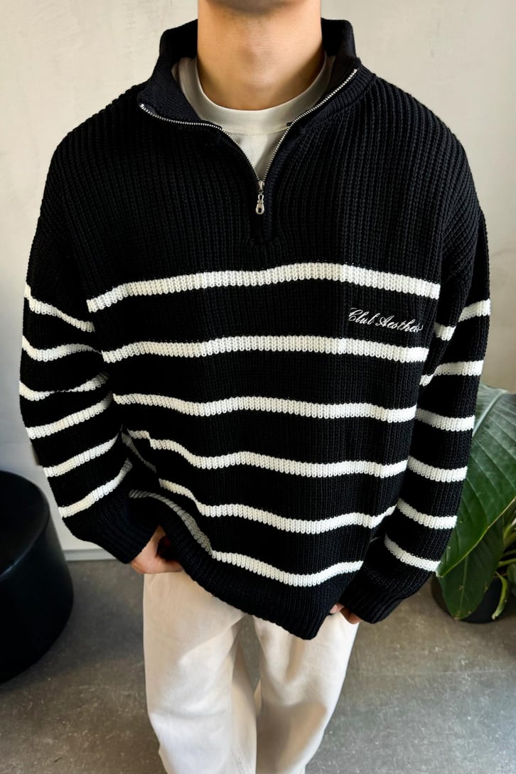 Half Zip Club Aesthetic Nakışlı Kazak