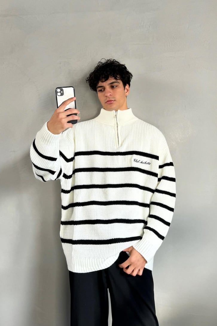 Half Zip Club Aesthetic Nakışlı Kazak