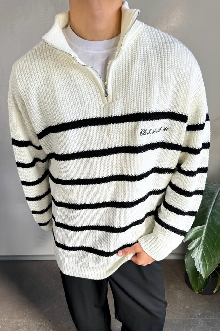Half Zip Club Aesthetic Nakışlı Kazak