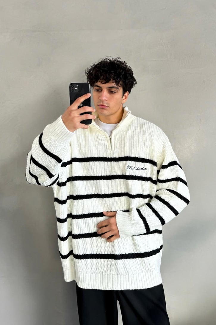 Half Zip Club Aesthetic Nakışlı Kazak