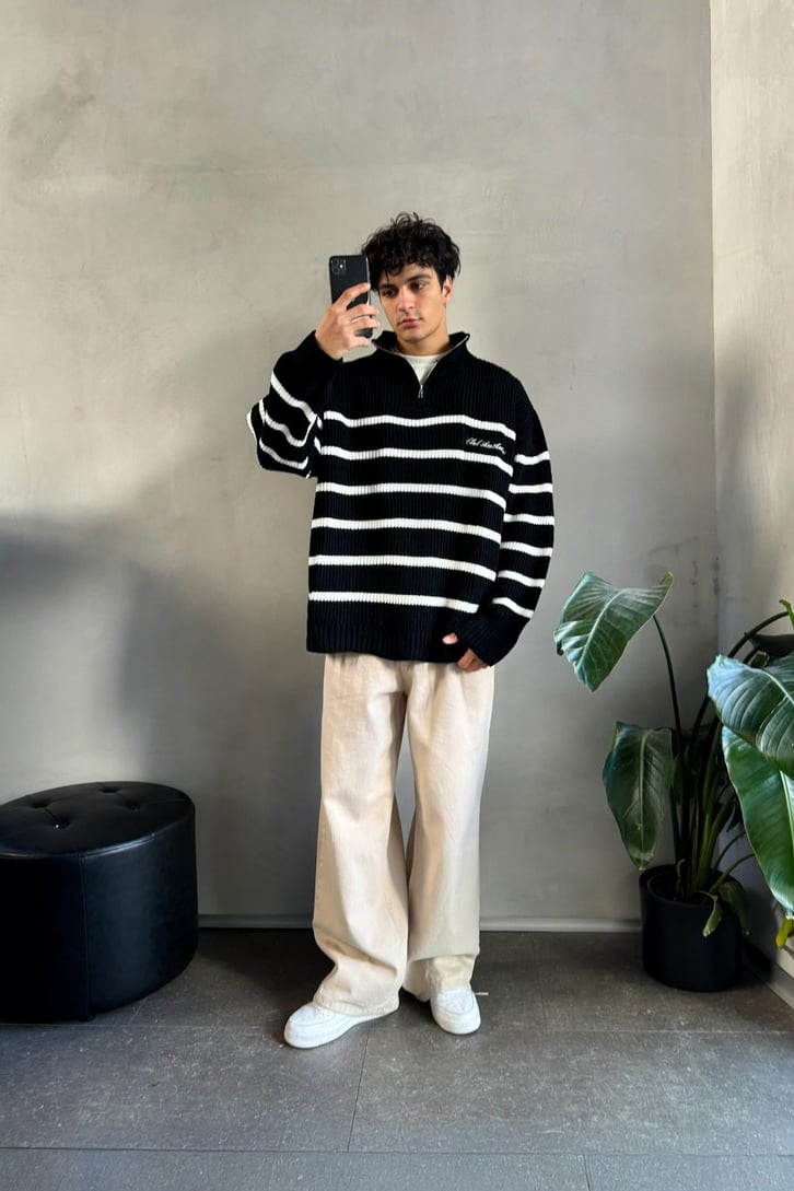 Half Zip Club Aesthetic Nakışlı Kazak