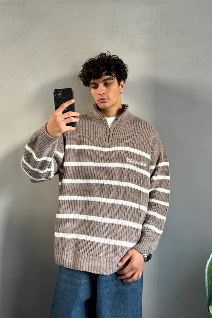Half Zip Club Aesthetic Nakışlı Kazak