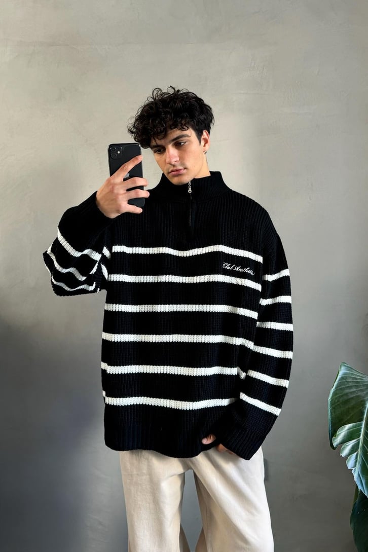 Half Zip Club Aesthetic Nakışlı Kazak