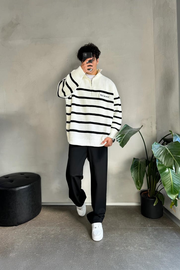Half Zip Club Aesthetic Nakışlı Kazak