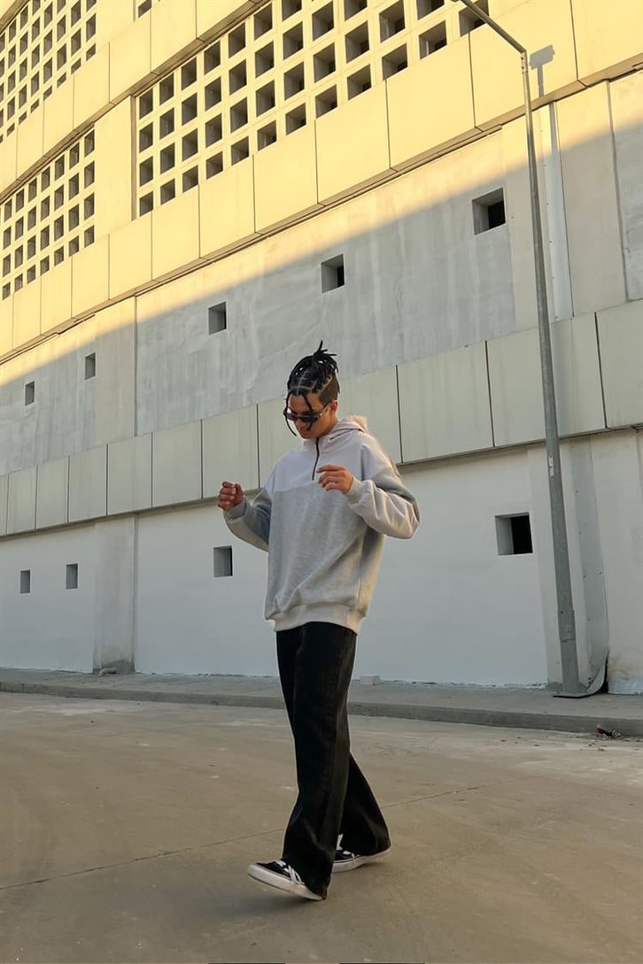Half-Zip Gri İçi Pamuklu Oversize Hoodie